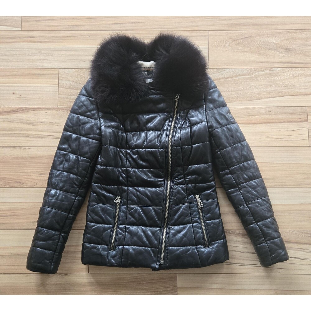 Vintage 80s Italian black quilted leather coat genuine fox fur collar womens‎ S